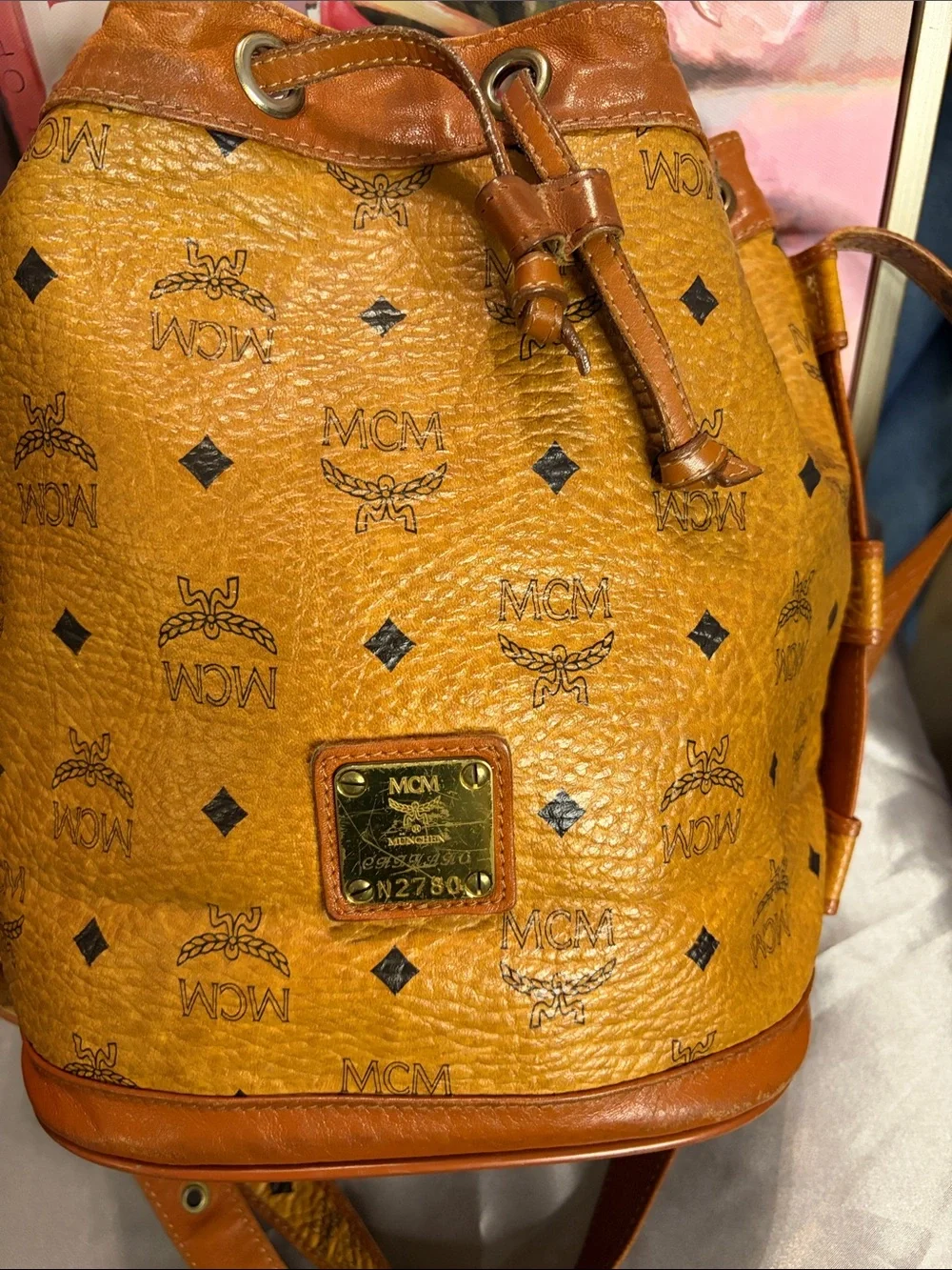 MCM Cognac Visetos Monogram Drawstring Crossbody Bucket Bag - Picture 2 of 7